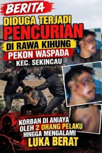 Diduga Terjadi Pencurian di Rawa Kihung, Pekon Waspada, Korban Alami Luka Berat di Kepala
SEKINCAU, LAMPUNG BARAT — Diduga terjadi pencurian di kawasan Rawa Kihung, Pekon Waspada, Kecamatan Sekincau, Kabupaten Lampung Barat, pada Jumat (11/9/2026).
Dalam kejadian tersebut, korban dilaporkan mengalami luka berat pada bagian kepala. Sementara itu, dua orang yang diduga sebagai pelaku melarikan diri setelah kejadian.
Peristiwa tersebut kini masih dalam penanganan dan penyelidikan Polsek Sekincau untuk mengungkap kronologi kejadian serta identitas kedua orang yang diduga terlibat.
Hingga saat ini, informasi mengenai motif dan kronologi lengkap kejadian masih menunggu keterangan resmi dari pihak kepolisian. Masyarakat diimbau tidak mengambil kesimpulan sendiri dan menyerahkan proses hukum kepada aparat penegak hukum.
Keterangan foto: Korban mengalami luka berat di bagian kepala dan mendapat penanganan medis setelah kejadian di Rawa Kihung, Pekon Waspada, Kecamatan Sekincau.