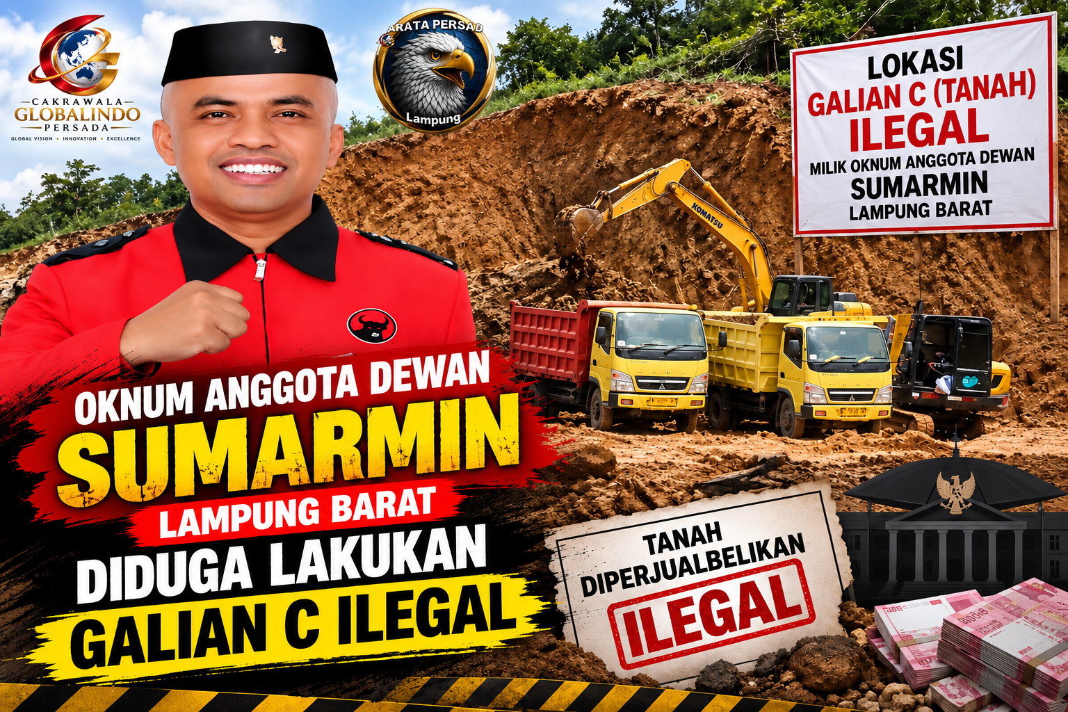 Oknum Anggota Dewan Sumarmin S.P Diduga Terlibat Galian C dan Jual Beli Tanah Ilegal LAMPUNG BARAT — Aktivitas dugaan galian C berupa pengerukan tanah serta jual beli material tanah yang diduga melibatkan oknum anggota dewan berinisial Sumarmin, S.P., menjadi sorotan masyarakat. Informasi yang beredar di lapangan menyebutkan adanya kegiatan penggalian tanah yang kemudian materialnya diduga diperjualbelikan. Aktivitas tersebut diduga berlangsung tanpa dilengkapi perizinan yang sesuai dengan ketentuan peraturan perundang-undangan. Jika benar kegiatan tersebut dilakukan tanpa izin, maka aktivitas pengerukan dan pemanfaatan material tanah tersebut patut mendapat perhatian dari instansi berwenang. Terlebih, kegiatan pertambangan atau pengambilan material tertentu pada umumnya memiliki ketentuan perizinan dan kewajiban yang harus dipenuhi oleh pihak pengelola. Dugaan keterlibatan Sumarmin, S.P. sebagai oknum anggota dewan juga menjadi perhatian publik. Namun, tuduhan tersebut masih perlu diklarifikasi dan dibuktikan berdasarkan fakta serta dokumen perizinan yang berlaku. Masyarakat meminta aparat dan instansi terkait, termasuk pemerintah daerah dan aparat penegak hukum, melakukan pemeriksaan terhadap lokasi yang diduga menjadi tempat kegiatan galian serta menelusuri legalitas usaha dan transaksi jual beli tanah tersebut. Apabila ditemukan adanya kegiatan yang tidak memiliki izin atau melanggar ketentuan hukum, masyarakat berharap tindakan tegas dilakukan sesuai aturan yang berlaku. Konfirmasi kepada pihak terkait Hingga berita ini disusun, diperlukan konfirmasi langsung dari Sumarmin, S.P. mengenai dugaan keterlibatannya dalam aktivitas galian dan jual beli tanah tersebut. Hak jawab dan klarifikasi dari pihak yang disebut juga penting untuk memastikan pemberitaan berjalan secara berimbang. Catatan redaksi: Informasi mengenai dugaan galian C ilegal dan jual beli tanah ini perlu diverifikasi melalui dokumen perizinan, keterangan saksi, pemeriksaan lokasi, serta konfirmasi dari pihak-pihak terkait. Penyebutan “diduga” dalam berita ini bukan merupakan kesimpulan bahwa telah terjadi tindak pidana.