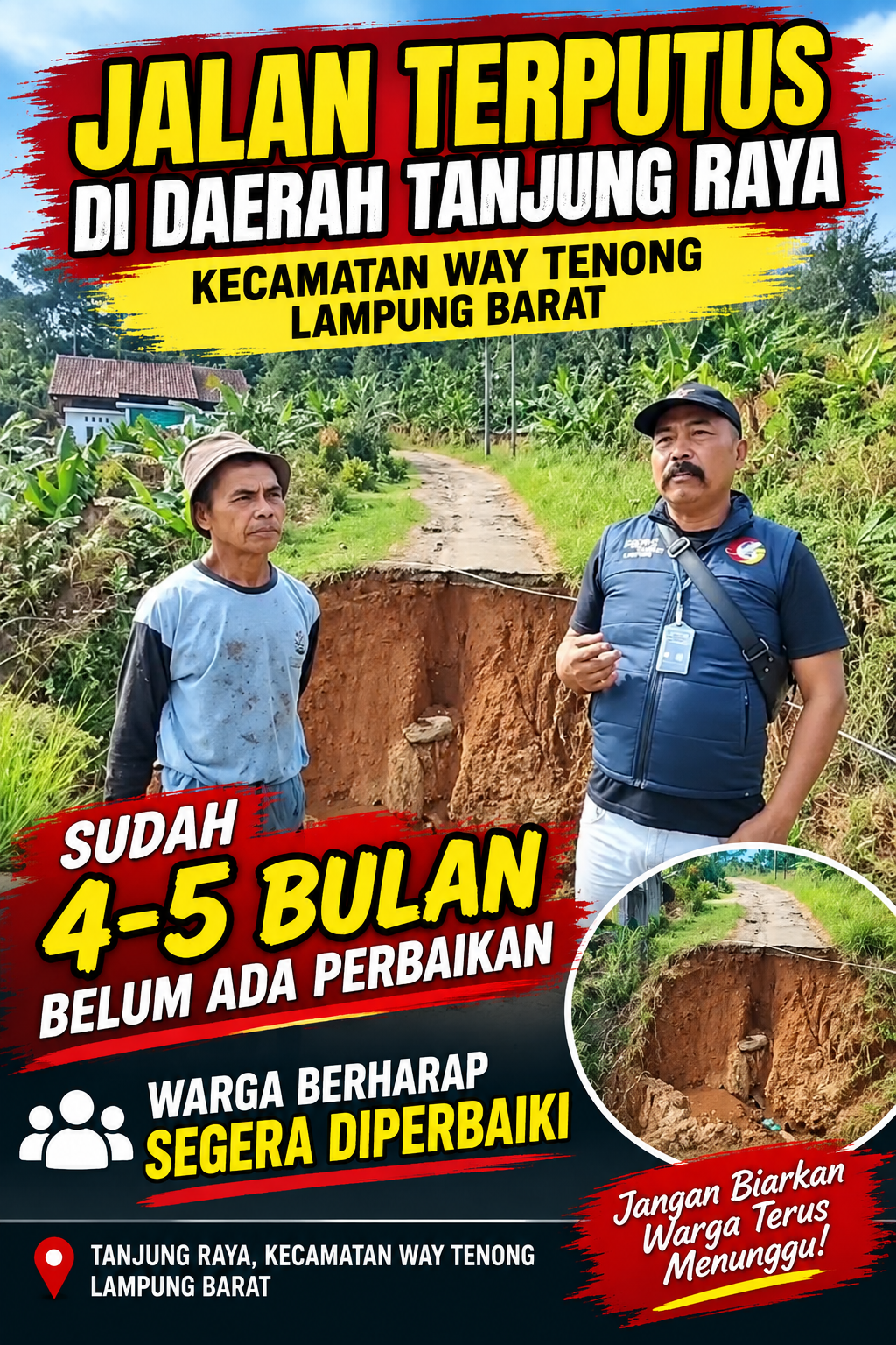 Jalan Putus di Tanjung Raya 4–5 Bulan Belum Diperbaiki, Warga Berharap Segera Ditangani LAMPUNG BARAT — Kondisi jalan yang mengalami putus di wilayah Tanjung Raya, Kecamatan Way Tenong, Kabupaten Lampung Barat, hingga kini disebut belum mendapatkan perbaikan. Kerusakan tersebut telah berlangsung sekitar 4–5 bulan dan menjadi perhatian warga sekitar. Media Barata Persada melakukan pengecekan langsung ke lokasi dan menemui sejumlah warga untuk mengetahui kondisi terkini serta dampak yang dirasakan masyarakat akibat jalan yang terputus tersebut. Dari hasil pantauan di lapangan, kondisi jalan yang terputus membuat akses masyarakat menjadi terganggu. Warga berharap adanya perhatian dan langkah cepat dari pemerintah maupun instansi terkait agar kondisi jalan tersebut segera ditangani. Warga menilai perbaikan akses jalan penting dilakukan karena jalan tersebut menjadi salah satu jalur yang digunakan masyarakat dalam menjalankan aktivitas sehari-hari. “Kami berharap jalan ini segera diperbaiki karena sudah cukup lama kondisinya seperti ini. Kami ingin ada perhatian dari pihak terkait,” ujar salah seorang warga saat ditemui di lokasi. Masyarakat berharap pemerintah dapat segera melakukan pengecekan teknis dan menentukan langkah penanganan, sehingga akses warga dapat kembali normal dan tidak menimbulkan risiko bagi pengguna jalan. Media Barata Persada akan terus memantau perkembangan kondisi jalan tersebut dan menantikan tindak lanjut dari pihak terkait.