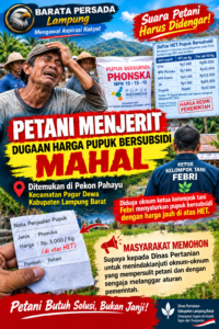 PETANI MENJERIT! MASYARAKAT DESAK APH USUT DUGAAN PENYALAHGUNAAN PUPUK BERSUBSIDI DI LAMPUNG BARAT  Diduga Dijual di Atas HET, Masyarakat Minta Dinas Pertanian dan Aparat Penegak Hukum Segera Bertindak Tegas  LAMPUNG BARAT — Persoalan dugaan penjualan pupuk bersubsidi dengan harga di atas Harga Eceran Tertinggi (HET) kembali menjadi sorotan. Masyarakat meminta Dinas Pertanian Kabupaten Lampung Barat bersama Aparat Penegak Hukum (APH) segera menindaklanjuti dugaan penyimpangan penyaluran pupuk bersubsidi yang dinilai berpotensi merugikan petani.  Dugaan tersebut mencuat di wilayah Pekon Pahayu, Kecamatan Pagar Dewa, Kabupaten Lampung Barat, terkait penjualan pupuk bersubsidi jenis Phonska yang dalam materi dokumentasi disebut mencapai Rp3.000 per kilogram. Informasi tersebut perlu ditelusuri melalui pemeriksaan transaksi, harga resmi yang berlaku, serta keterangan pihak-pihak terkait.  Masyarakat: Jangan Biarkan Petani Menjadi Korban
Masyarakat menegaskan bahwa pupuk bersubsidi merupakan program pemerintah yang ditujukan untuk membantu petani memperoleh sarana produksi pertanian dengan harga yang telah diatur. Oleh karena itu, dugaan praktik penjualan melebihi ketentuan perlu mendapat perhatian serius dari instansi yang berwenang.  Jangan sampai petani yang seharusnya mendapatkan perlindungan justru menghadapi kesulitan akibat dugaan penyalahgunaan program subsidi.  Media Barata Persada: Kepentingan Petani Harus Menjadi Perhatian  Media Barata Persada menyoroti pentingnya transparansi dalam penyaluran pupuk bersubsidi di Kabupaten Lampung Barat. Dugaan penyimpangan perlu ditindaklanjuti melalui proses pemeriksaan yang objektif agar fakta dapat terungkap dan masyarakat memperoleh kepastian informasi.  Pemberitaan ini merupakan penyampaian aspirasi dan dugaan yang memerlukan verifikasi lebih lanjut. Pihak-pihak yang disebut atau berkaitan dengan dugaan tersebut perlu diberikan kesempatan menyampaikan klarifikasi agar pemberitaan tetap berimbang dan memenuhi prinsip jurnalistik.  PENUTUP
Masyarakat berharap Dinas Pertanian Lampung Barat dan Aparat Penegak Hukum segera merespons persoalan ini secara serius. Petani membutuhkan perlindungan, kepastian harga, dan distribusi pupuk yang sesuai aturan—bukan praktik yang berpotensi menambah beban ekonomi mereka.
Jika hasil pemeriksaan menemukan adanya pelanggaran, masyarakat berharap penindakan dilakukan secara tegas sesuai hukum yang berlaku, sehingga penyaluran pupuk bersubsidi dapat kembali berjalan sebagaimana mestinya.  MEDIA BARATA PERSADA LAMPUNG
Mengawal Aspirasi Rakyat — Suara Petani Harus Didengar!